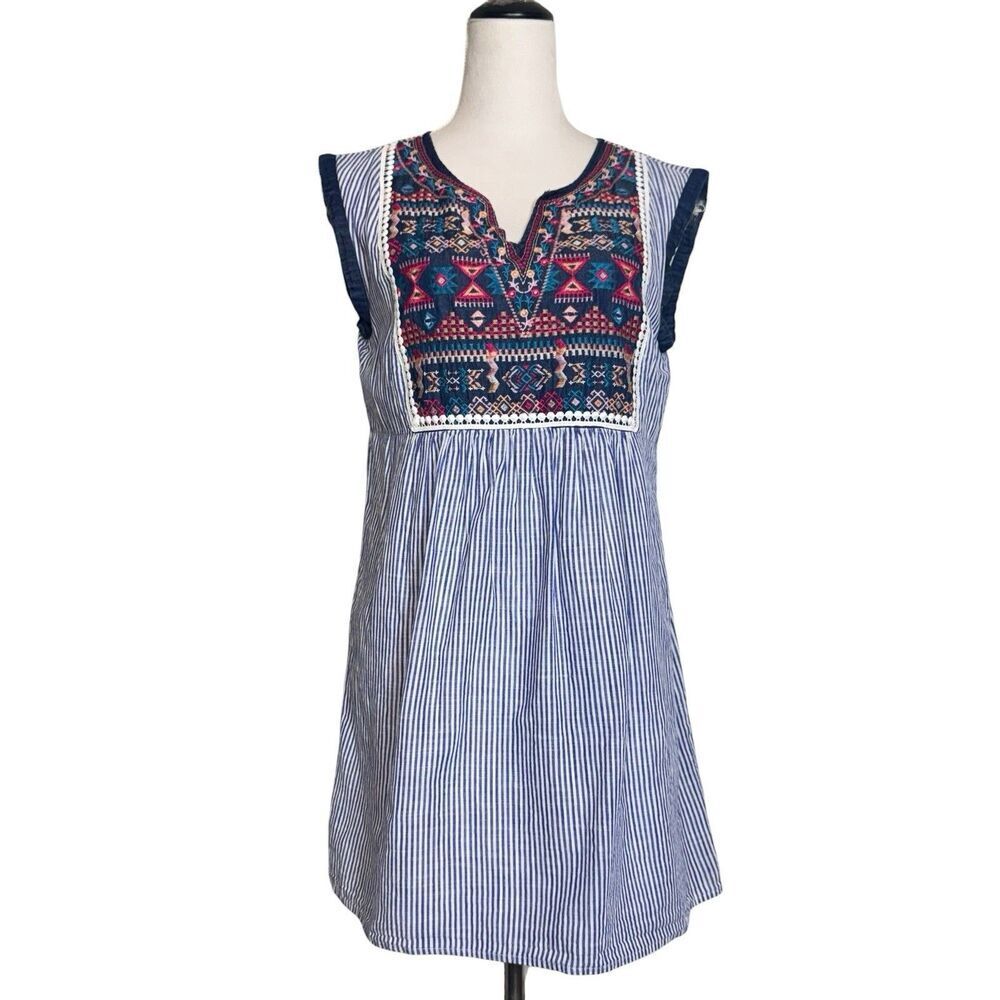 Savanna Jane Embroidered Floral Striped Denim Dress Size S Boho Beach Western